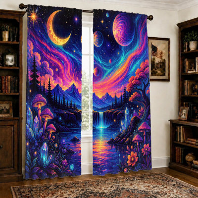 2Pcs Cosmic Fantasy Landscape Curtains, Light Filtering Fabric, Vibrant Celestial Scenery, Magical Waterfall and Crystal Print, Rod Pocket Design, for Living Room, Bedroom, Balcony Home Decor