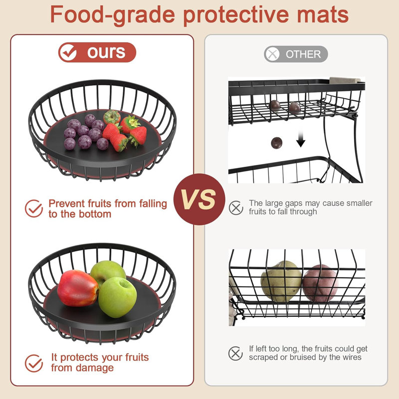 Panier de fruits à 2 niveaux pour comptoir de cuisine avec 2 cintres à banane, bol de fruits empilable en métal pour comptoir de cuisine pour fruits à légumes