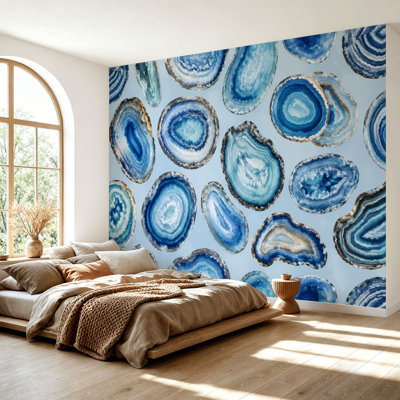 Papier peint adhésif mural autocollant amovible en agate bleue et géode en cristal de couleur géode pour salle de séjour H 69 po x l 96 po