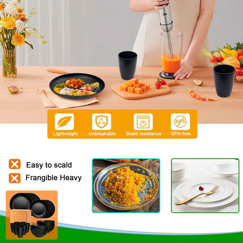 Service de vaisselle 16 pièces en paille de blé, service pour 4 personnes, assiettes plates, assiettes à dessert, bols à céréales, tasses, plats de camping en plastique incassables, noir