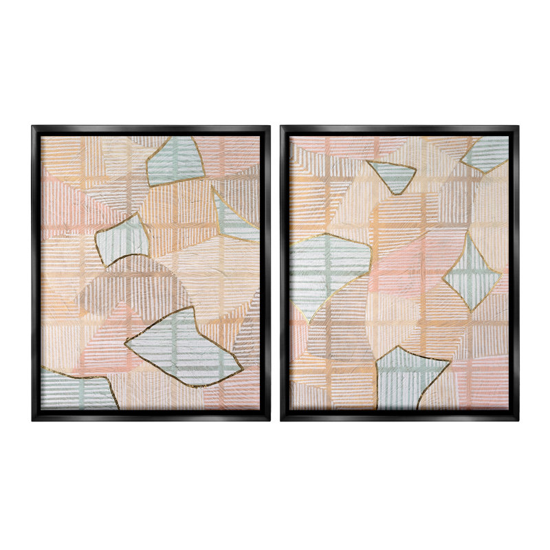 Ensemble de 2 toiles flottantes encadrées "Shapes on Stripes" par Vanna Lam, H 21 po x l 34 po, Cadre flottant noir de jais