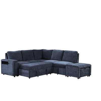L-shaped With Storage Feature & Ports - Cup Holder Blue, Plywood Frame For Apartment Living Rooms, Offices Comfy Charging Blue Relaxing Room