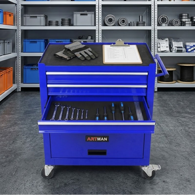 Commode rabattable en acier à 4 tiroirs avec roulettes de 24,41 po pour usage domestique et commercial, Bleu