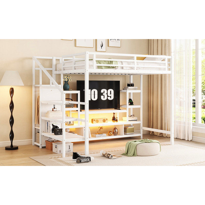 Lit mezzanine en métal avec meuble télé, escalier et garde-robe, Blanc