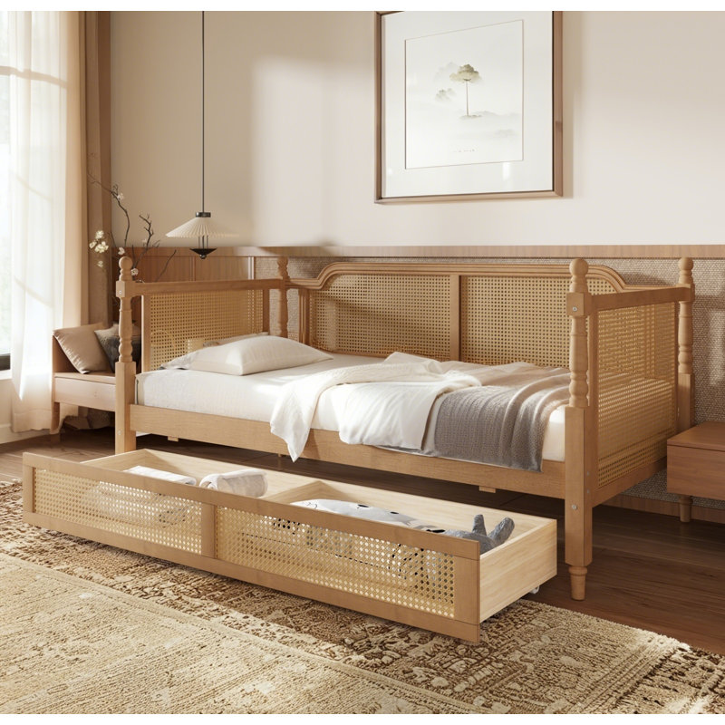 Structure de lit de jour simple en rotin de style traditionnel avec 2 tiroirs, sans sommier, noyer antique