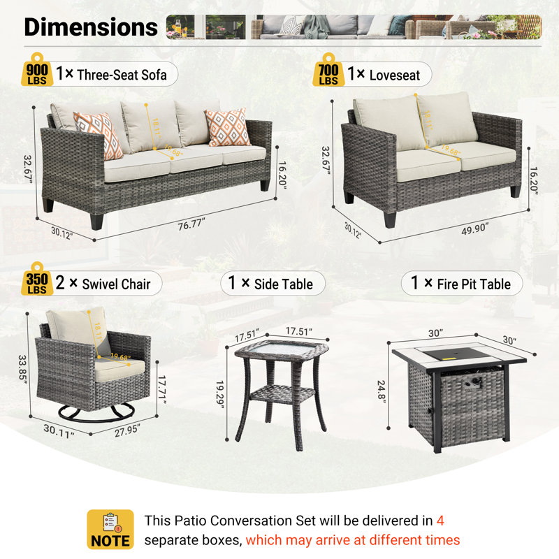 Lovall Rattan Wicker 7 - Person Seating Group with Fire Pit and Cushions, Beige