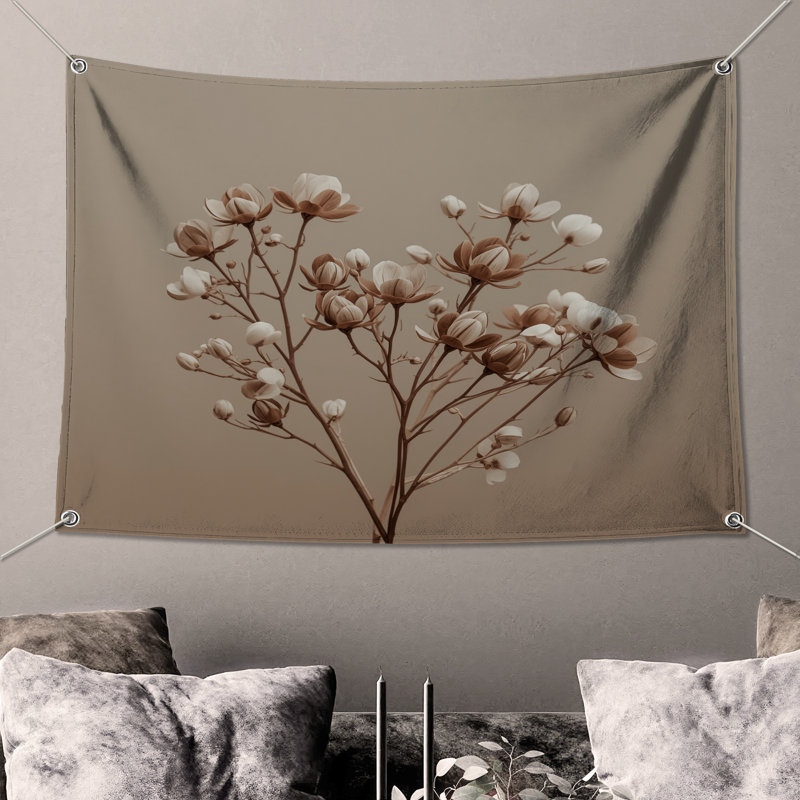 Tapisserie murale beige avec fleurs de magnolia - Décoration murale magnolia, H 104 po x 88 avec 4 œillets