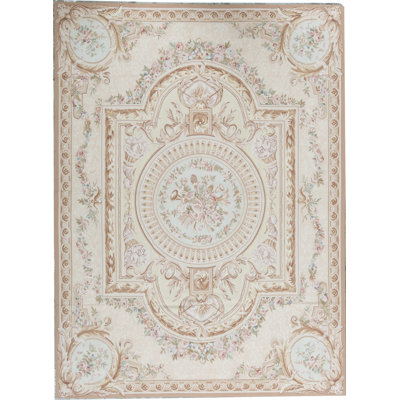 Aubusson Hand Knotted Wool Oriental Area Rug in Beige