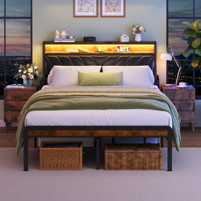 Size Platform Bed Frame With 105-Degree Tilted Upholstered Headboard, Charging Station, LED Lights, Noiseless, And Brown by 17 Stories