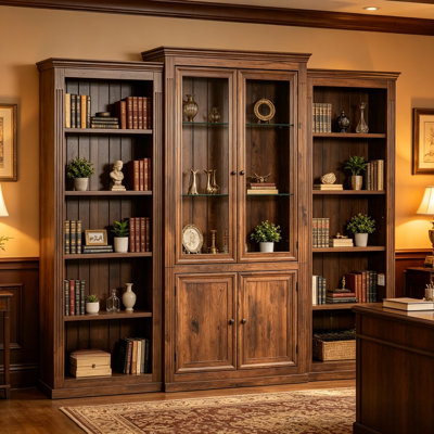 78.75'' Tall 3-Piece Retro Bookcase Set, Display Cabinet With LED Ceiling Light, Tempered Glass Shelves For Living Room, Office, Studio & Workspace, Brown