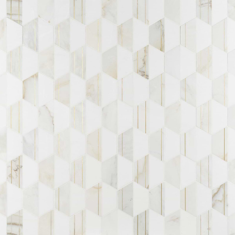 Fuse 6" Hexagon Polished Marble And Brass Inlay Mosaic, Bianco/Brass