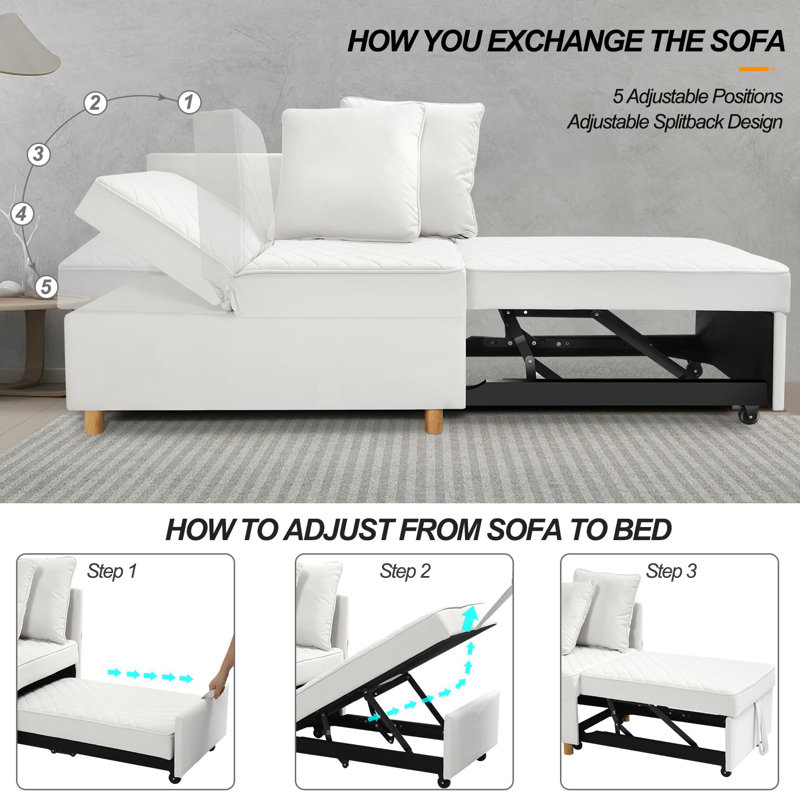 71'' Upholstered Reclining Sleeper Sofa, White