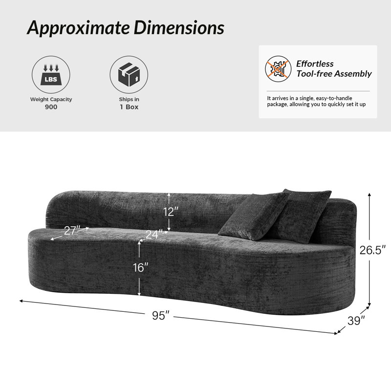 Eliseo Boneless 94.5"W Modern Compression High-Density Foam Sofa with 2 Pillow and No Assembly Needed, Charcoal