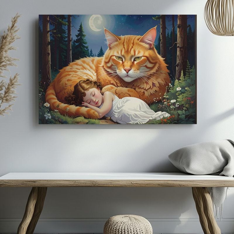 Toile murale encadrée au clair de lune tutélaire géante protégeant une femme endormie dans une galerie prête à être suspendue