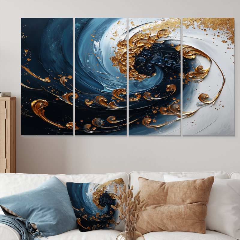 Ensemble de salon bleu et doré Spiraling Prosperity Spiral I - Abstract Spirals, H 28 po x l 48 po