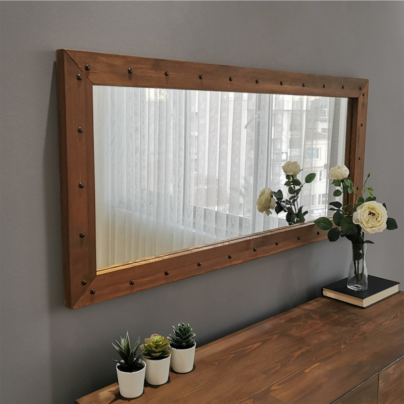 Elegant Wall-Mounted Mirror, Walnut Color, 43.3 x 19.7 x 1.2 inches | 100% Solid Pine Wood, Fully Assembled | Adjustable for Horizontal & Vertical Use, Perfect for Modern Industrial Décor