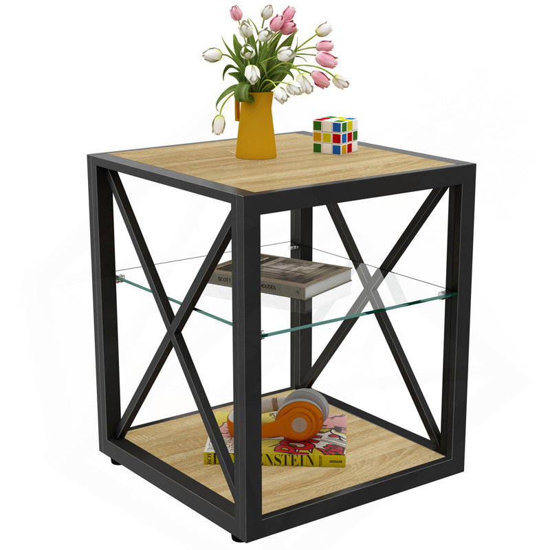 Industrial Style Side Table with Natural Wood MDF Top, Modern Nightstand for Bedroom Living Room, Natural