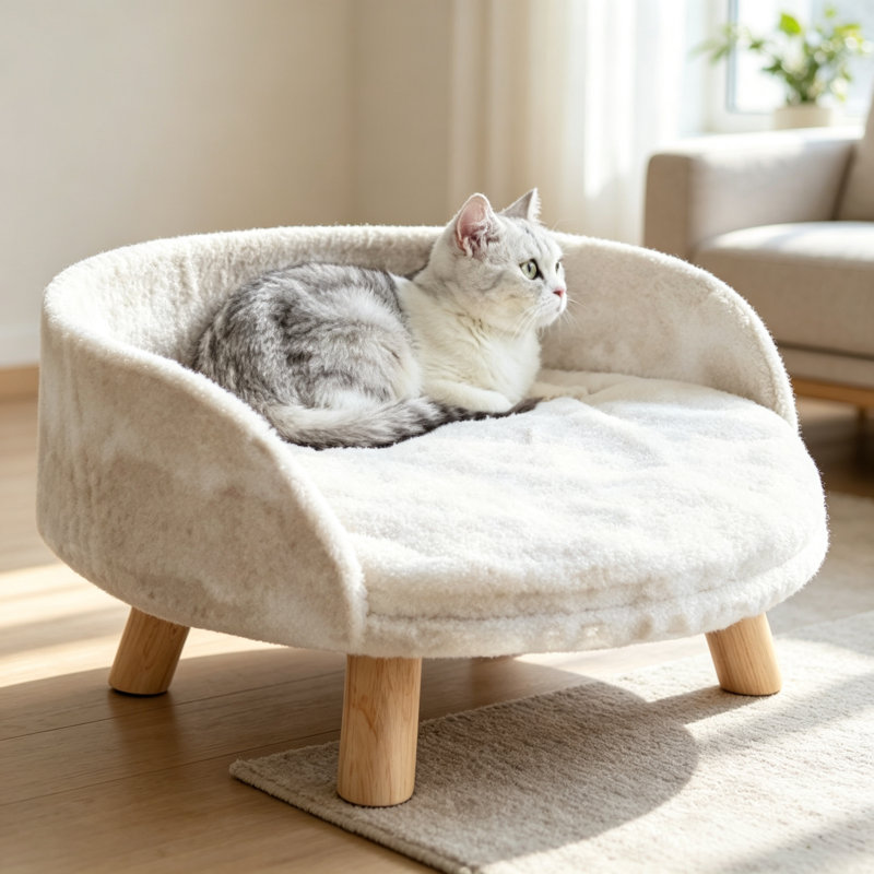 Lit pour chat surélevé à côtés souples avec coussin amovible, canapé-lit moelleux pour animaux de compagnie avec pieds en bois pour chats et petits chiens