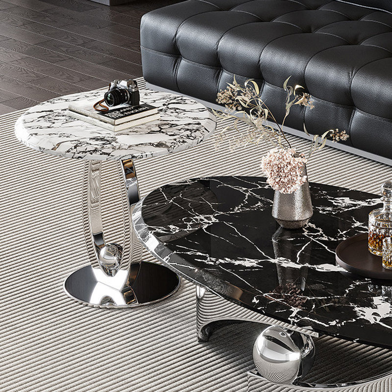 Ensemble de tables basses en marbre, 15.75" H x 51.18" L x 27.56" W, Noir / blanc