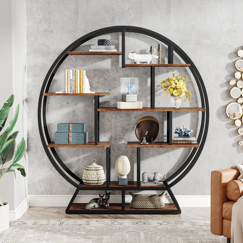 Drino 63" H x 59" W Steel Geometric Bookcase, Black/Brown