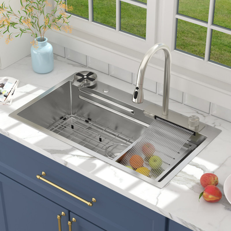 33" L x 19" W Drop-in Waterfall Kitchen Sink 16 Gauge Stainless Steel Workstation Kitchen Sink with Accessories