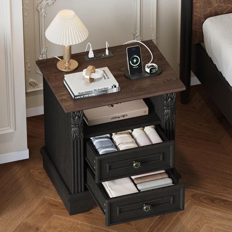 Table de chevet avec station de charge Farmhouse - table de bout à 2 tiroirs de 20 po, table d'appoint de rangement pour chambre à coucher et salon