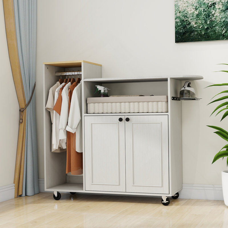 Ironing Cart With Rolling Ironing Board, Multipurpose Ironing Cabinet With Wheels And A Adjustable Shelf, Compact Ironing Solution For Laundry Room, Bedroom,Cloakroom-Antique White