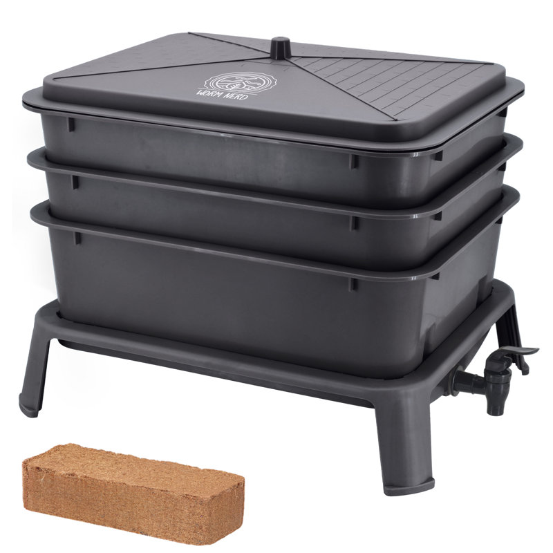 Large Black 4-Tray Plastic Worm Composting Bin with Coco Coir Brick
