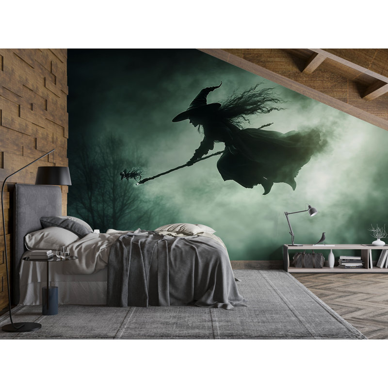 Papier peint sorcière volante - Silhouette de sorcière volante - Scène de nuit d'Halloween effrayante Vn806 (Peel-N-Stick) VN806