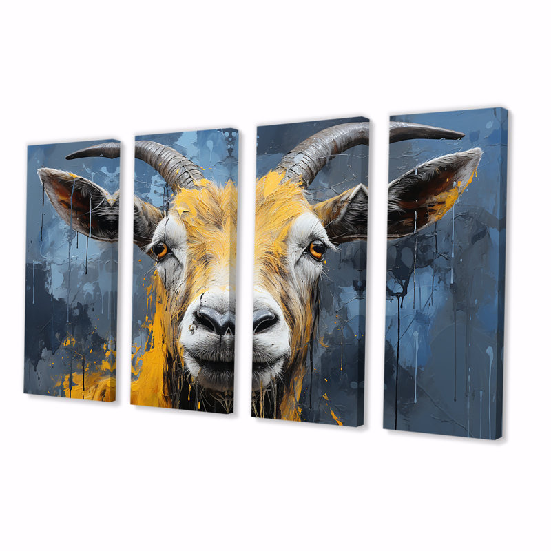 «Yellow and Blue Goat Meadow Wondering Portrait III - Goat», art mural 4 pièces, H 28 po x l 48 po
