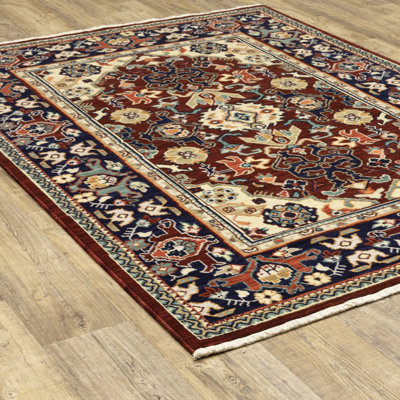 Blue And Red Oriental Power Loom Area Rug With Fringe