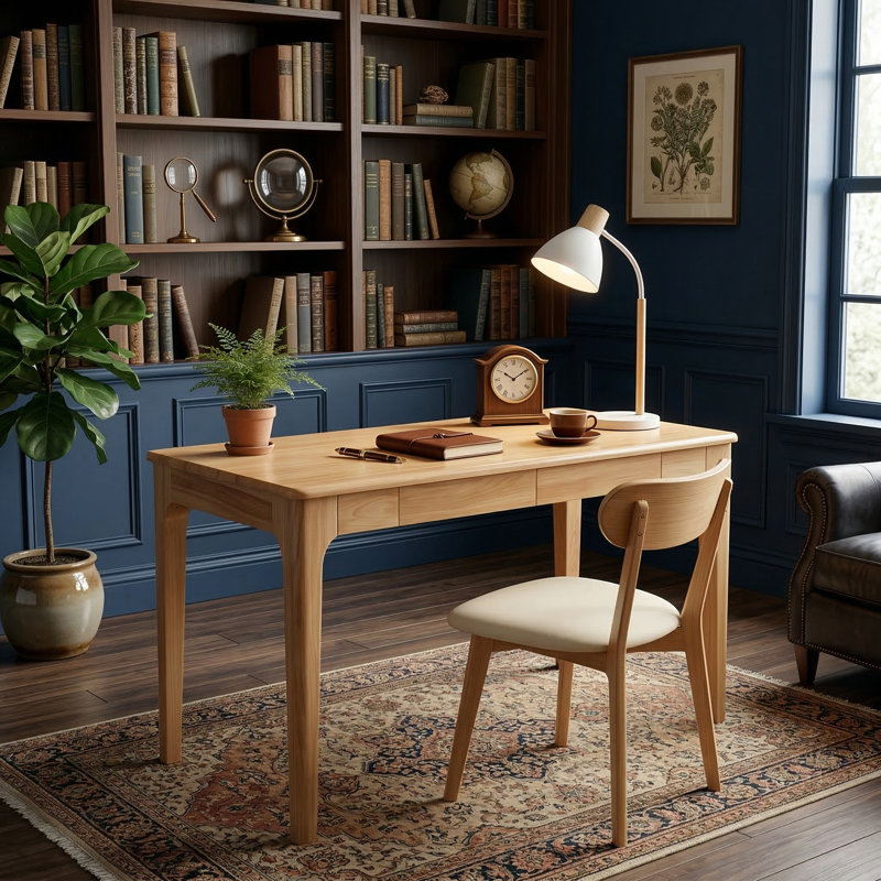 Mid Century Modern Solid Wood Desk with Drawers and Smooth Edges for Home Office, Living Room, Natural Wood Finish