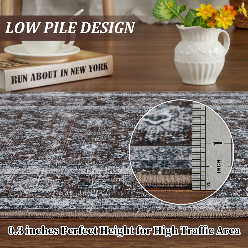 Boho Vintage Floral Area Rug - Machine Washable, Lightweight Thin Low Pile Retro Carpet for Living Room, Bedroom, Dining Room Home Office