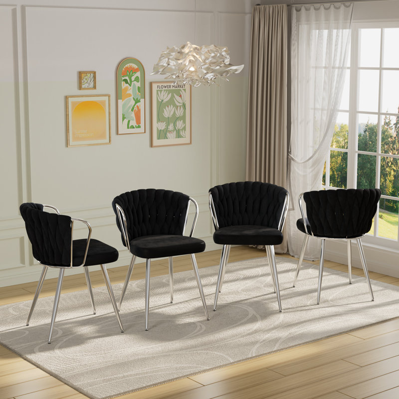 Byers Velvet Dining Chairs Set of 4, Woven Upholstered Side Chairs with Metal Legs, Modern Accent Leisure Chairs Kitchen & Dining Room Chairs for Bedroom Living Room