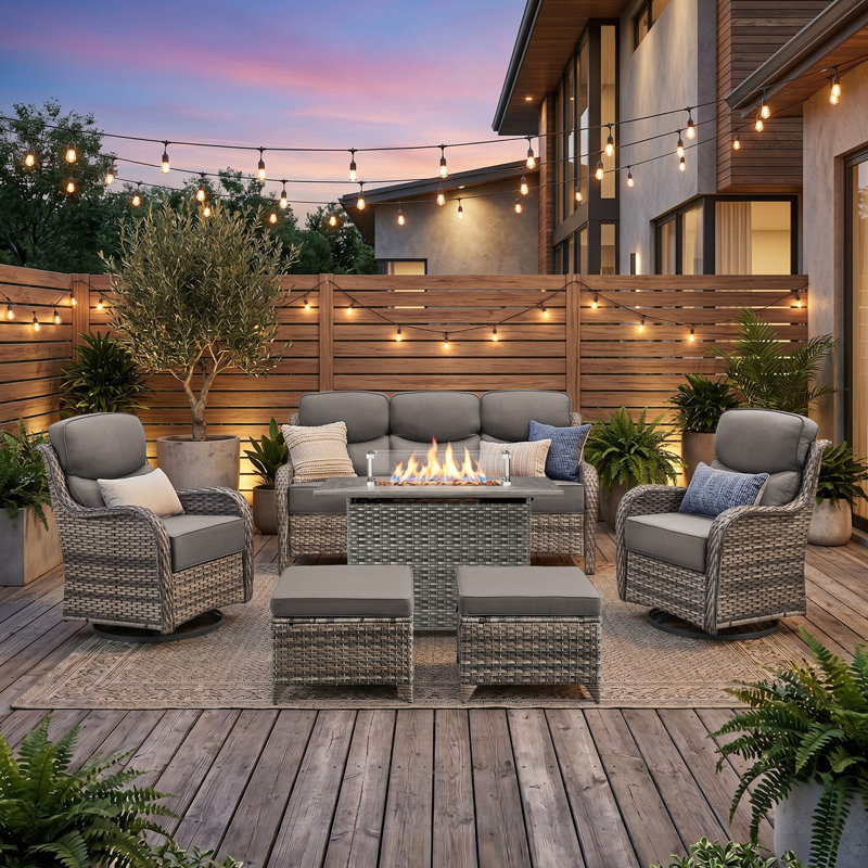 Smilario 6-Piece All-Weather Outdoor Conversation Set With 50,000 BTU Fire Pit Table, 3-Seat Sofa, Swivel Gliders & Ottomans, 6" Thick Cushions