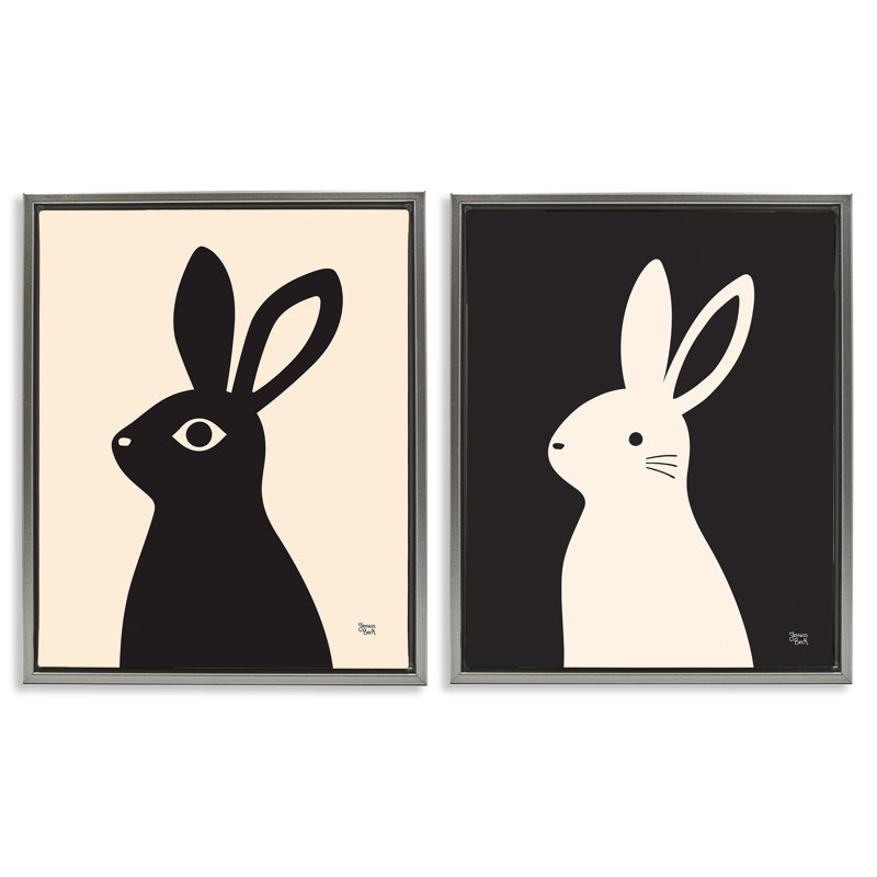 Crème et lapins noirs, ensemble de 2 toiles flottantes encadrées par Jessica Beck, H 21 po x l 17 po