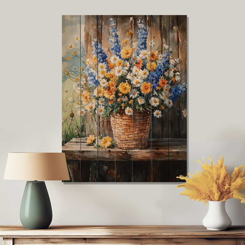 Country Charm Wildflowers At The Farm III - Assorted Bouquets Wood Wall Art - On Natural Pine Wood, 20" H x 10" W x 0.78" D