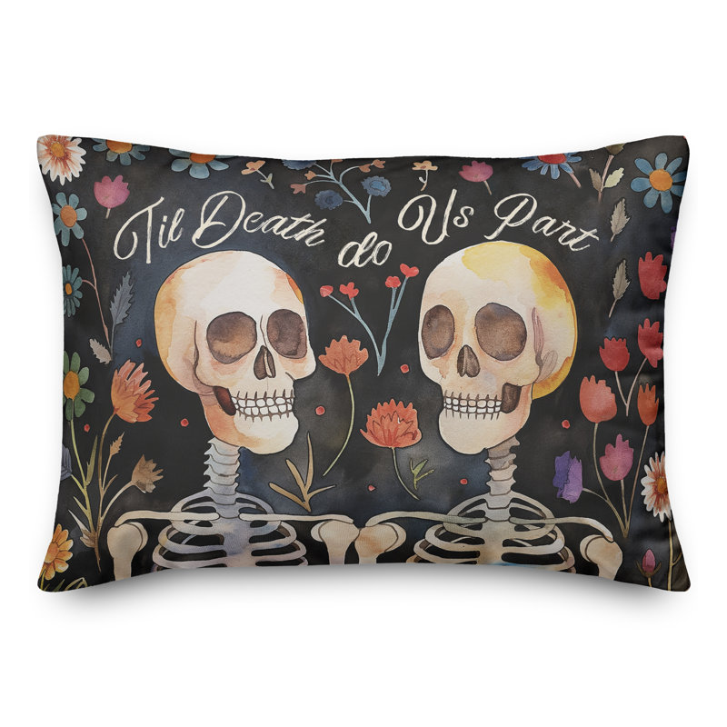 Coussin Spooky, H 14 po x l 20 po, Rectangle, Motif floral noir