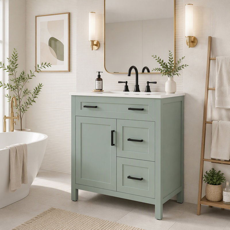 Meuble-lavabo de salle de bain avec 1 porte à fermeture douce, 2 tiroirs à fermeture douce et tablette réglable, Vert