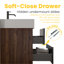 Meuble-lavabo de 48 po en noyer avec lavabo blanc brillant et tiroirs noirs doux, fixé au mur pour les salles de bain modernes