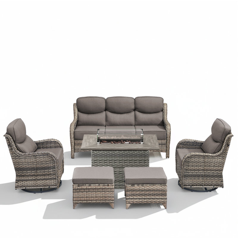 6-Piece Outdoor Wicker Sofa Conversation Set With Swivel Rockers And Fire Pit, Gray, Gray