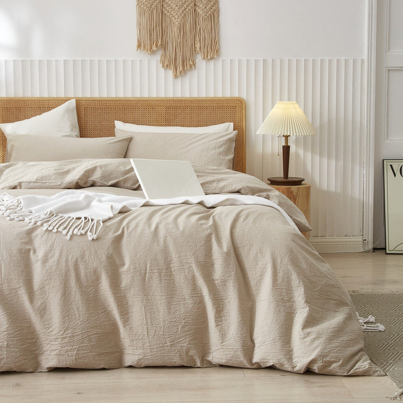 Ensemble de housse de couette 100% coton délavé LifeTown, Housse de couette grand + 2 taies d'oreiller, Lin lin