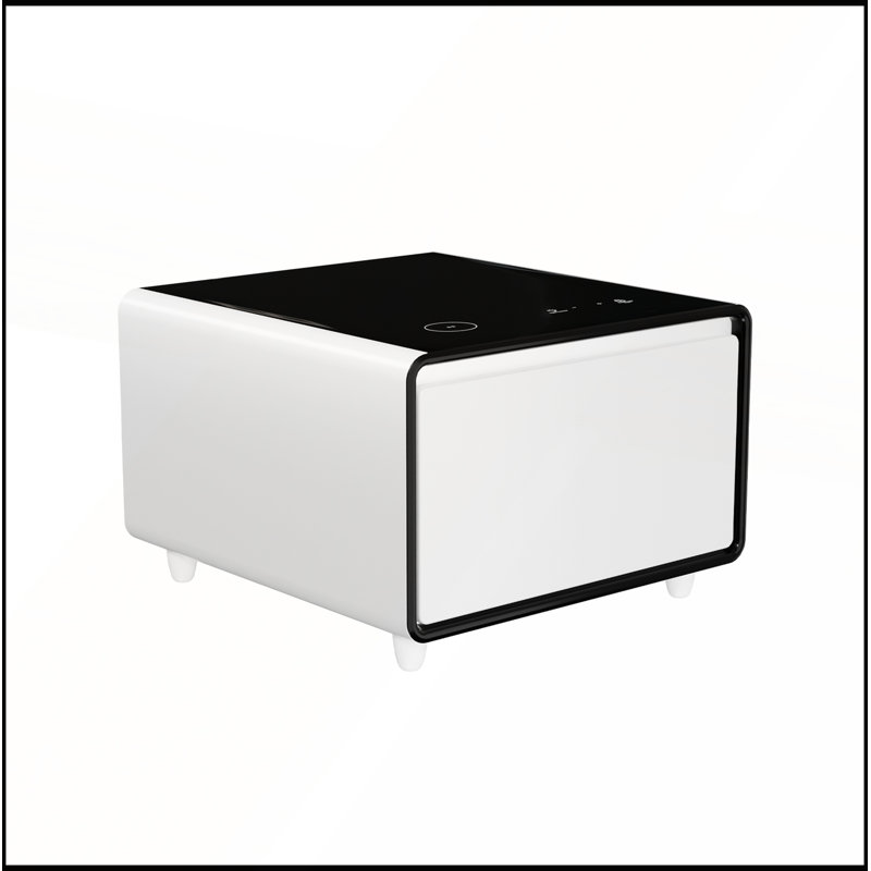 Table d'appoint moderne et intelligente avec réfrigérateur, recharge sans fil et plusieurs options d'alimentation pour une commodité ultime