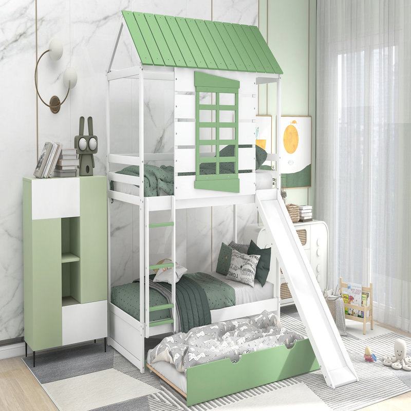 Lit superposé avec glissière convertible et lit gigogne House, parfait pour s'amuser et économiser de l'espace dans les chambres d'enfants