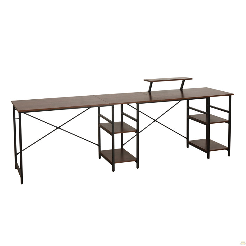 Bureau industriel en L avec tablettes de rangement, noyer