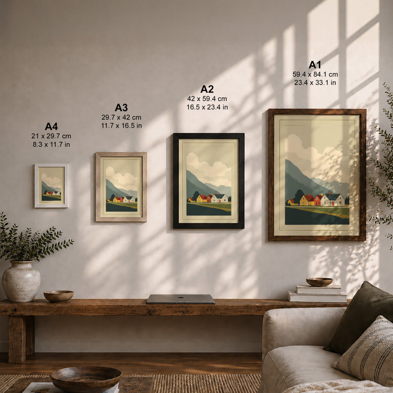 Houses and Mountains Scandinavian - Framed Print, A2 - 59.4 x 42.0 cm, Walnut