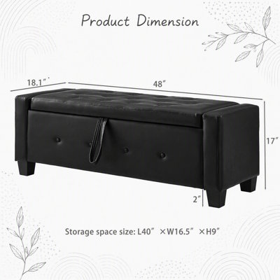 Banc avec repose-pieds 48 po avec rangement, banc pour chambre à coucher, salon, couloir, repose-pieds capitonné en similicuir capitonné