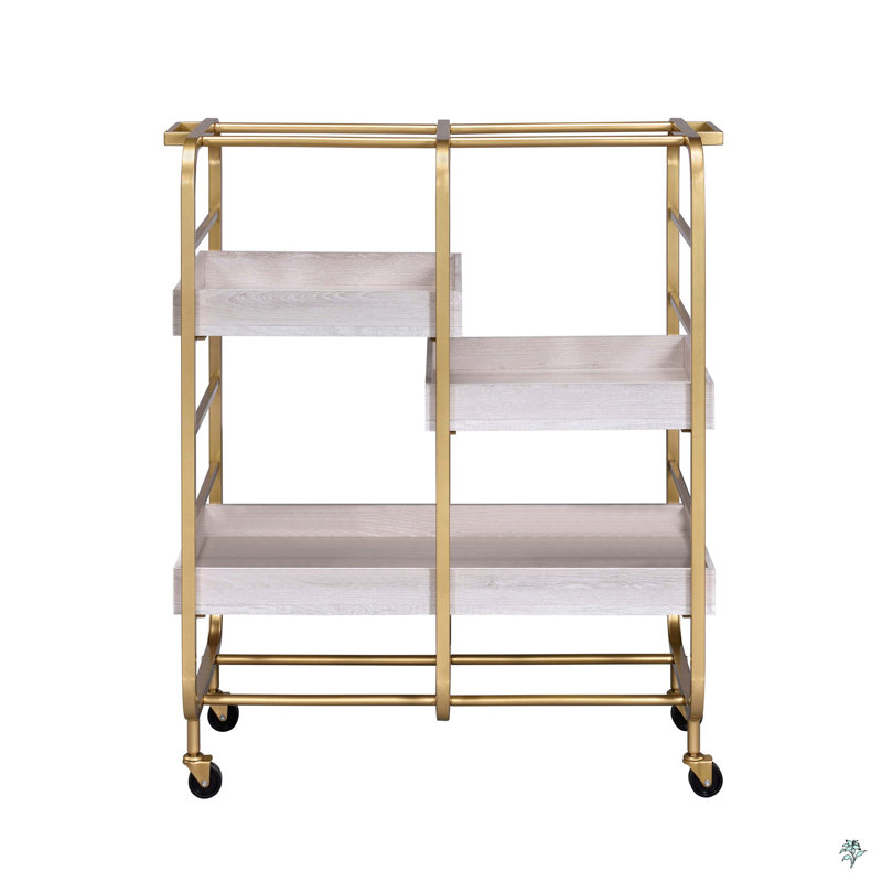 Washed Serving Cart With 3 Adjustable Trays, White/Gold