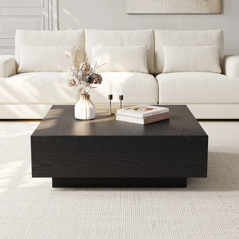  Fully Assembled 2-Drawer Square Coffee Table, Black, 13.78" H x 39.37" L x 39.37" W