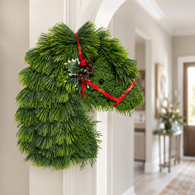 Artificial Christmas Horse Head Wreath with Pine Needles, Red Ribbon and Berry Accents, Farmhouse Holiday Door Decoration
